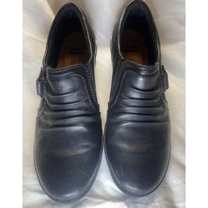 Clarks Collection Jenette Ruby, Black Slip-On Leather Shoes Women's 7